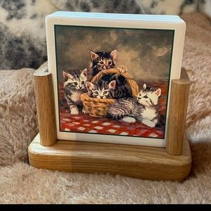 CATS COASTERS CATS KITTENS GINGHAM WOOD STAND